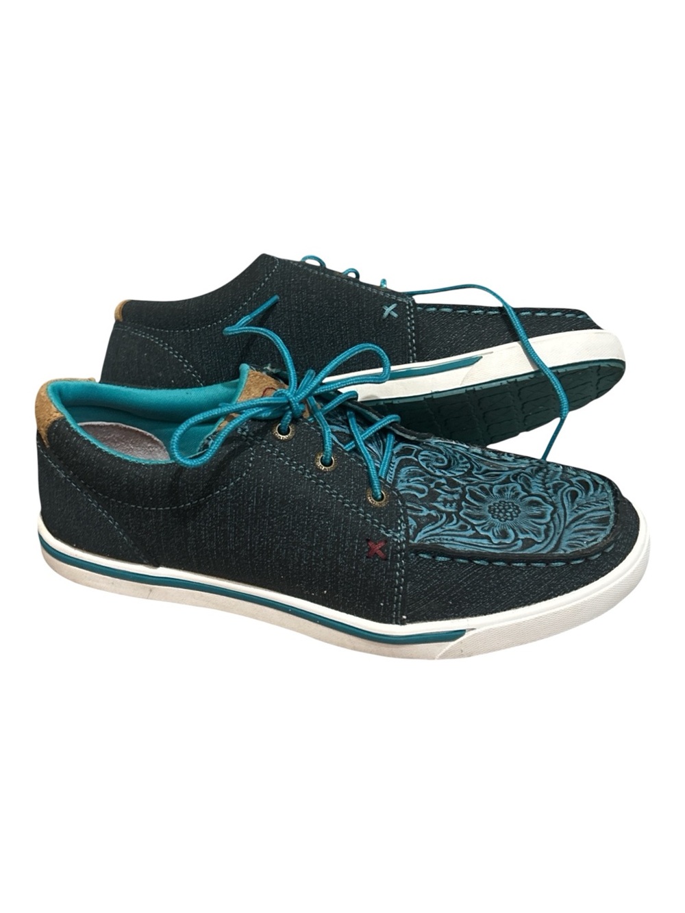 Twisted X Dark Teal Floral Tooled Leather Kicks Moc Toe Shoes Size 8